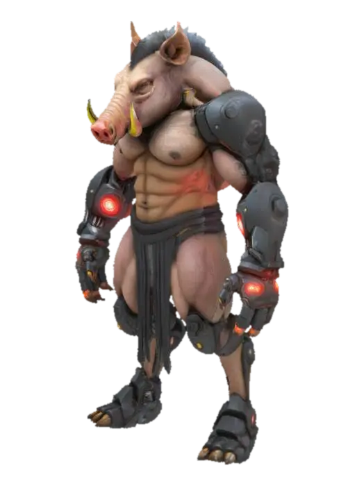 3D model for muscular humanoid boar creature with large cybernetic arms