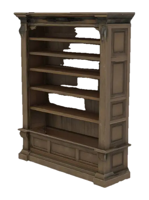 A big bookshelf with multiple shelves without any books on the shelves A dark,… 3D model, vytvořený pomocí AI