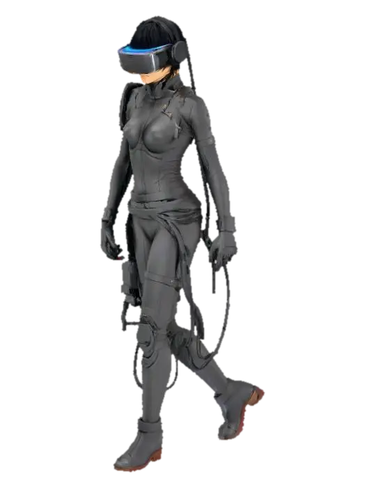 motoko kusanagi with vr and wired to cables in the back - Ghostintheshell 3D model, vytvořený pomocí AI