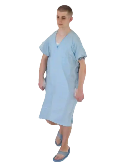 Modello 3D a young white human male patient, in a hospital gown with an open back and a buzcut - Buzzcut, generato dall’IA