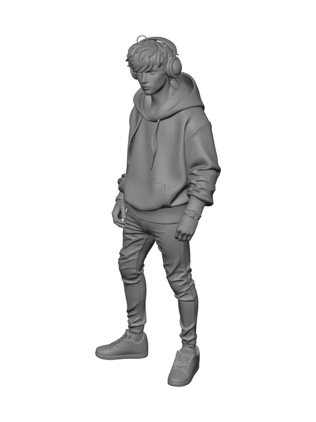 3D model for Full-body 3D character model of a young male street punk / gangster hacker. White skin. Mean, intimidating gangster expression with sharp eyes and a slight smirk. Large prominent cyberpunk-style face tattoo covering the entire right cheek and eye area - glowing circuit board pattern in blue/cyan. Wearing a black oversized hoodie with the hood resting on the back of the neck. Black skinny jeans with chain detail. Black sneakers. Large black studio headphones resting on top of messy dark hair. Full body visible from head to toe. Standing straight with arms slightly out (A-pose). Cyberpunk urban street aesthetic. Low-poly stylized but detailed. Game-ready PBR character. GLB or GLTF format. Full character model including legs, feet, and shoes. Show the entire body.
