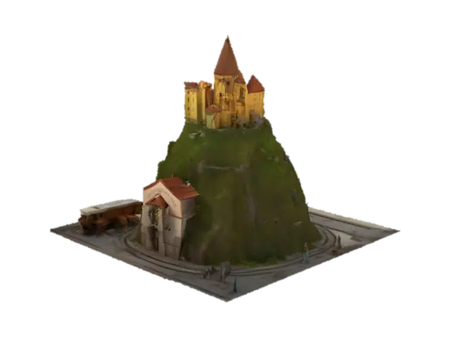 A whimsical 3D miniature of Brno featuring Špilberk Castle towering over a beer… - Tram 3D model, vytvořený pomocí AI