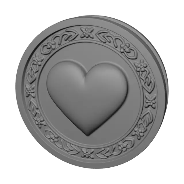 3D model for Create a 3D printable FDM health token optimized for Anycubic Kobra S1. Single watertight STL mesh, support-free, minimum wall thickness 1.5 mm, rounded edges, clean topology. Round token, 30 mm diameter, 4 mm thick with a beveled edge. A large raised heart in the center occupying about 70% of the surface, surrounded by a medieval engraved border. Heart relief 1.2 mm above the surface, bold and smooth for clear printing. Flat back, stackable design, durable, no thin details, no floating parts, tabletop RPG accessory, fantasy style, crisp embossed details, easy to print with a 0.4 mm nozzle.