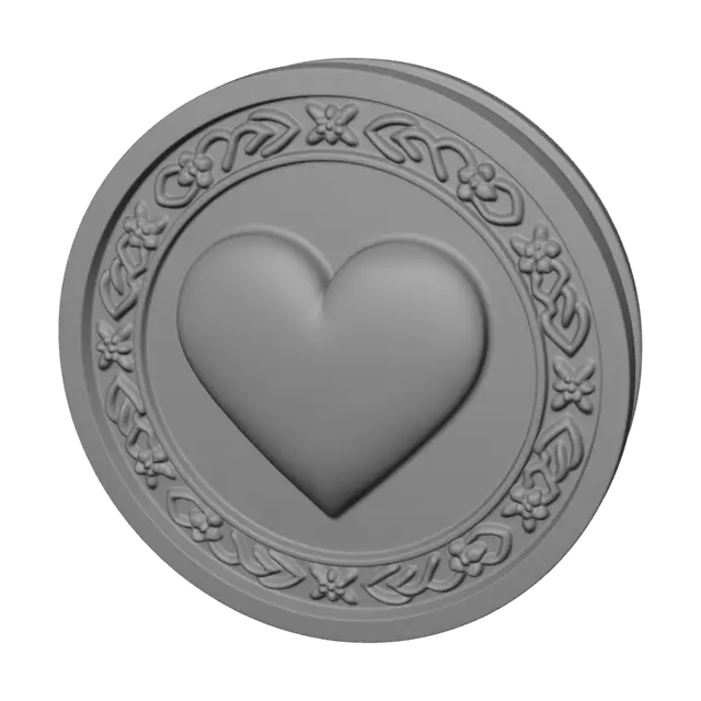 3D model for Create a 3D printable FDM health token optimized for Anycubic Kobra S1. Single watertight STL mesh, support-free, minimum wall thickness 1.5 mm, rounded edges, clean topology. Round token, 30 mm diameter, 4 mm thick with a beveled edge. A large raised heart in the center occupying about 70% of the surface, surrounded by a medieval engraved border. Heart relief 1.2 mm above the surface, bold and smooth for clear printing. Flat back, stackable design, durable, no thin details, no floating parts, tabletop RPG accessory, fantasy style, crisp embossed details, easy to print with a 0.4 mm nozzle.
