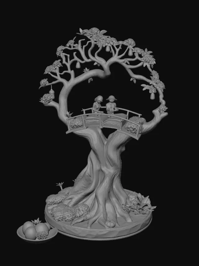 3D model for A highly detailed collectible 3D sculpture called "The Bridge of Generations". At the center stands a graceful bridge shaped like a living tree, connecting three eras: the roots contain a restored vintage photograph from the year of a child's birth, symbolizing family memory and heritage; the trunk holds books, study circles, and musical notes representing learning, mentoring, and shared wisdom; the branches support glowing figures of family members helping one another across generations. Floating around the tree are message scrolls, presentation slides, and song notes, symbolizing encouragement, communication, and personal growth. At the base are a vegetable garden, fresh lettuce, coffee, milk, cake, and a family dinner table, expressing care through everyday acts.