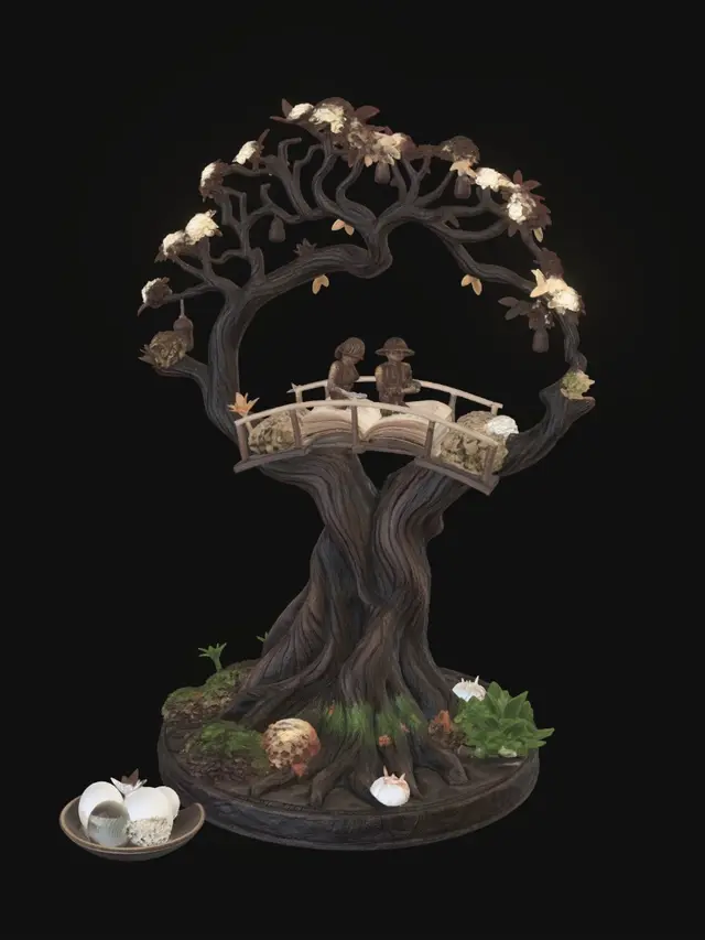 3D model for A highly detailed collectible 3D sculpture called "The Bridge of Generations". At the center stands a graceful bridge shaped like a living tree, connecting three eras: the roots contain a restored vintage photograph from the year of a child's birth, symbolizing family memory and heritage; the trunk holds books, study circles, and musical notes representing learning, mentoring, and shared wisdom; the branches support glowing figures of family members helping one another across generations. Floating around the tree are message scrolls, presentation slides, and song notes, symbolizing encouragement, communication, and personal growth. At the base are a vegetable garden, fresh lettuce, coffee, milk, cake, and a family dinner table, expressing care through everyday acts.