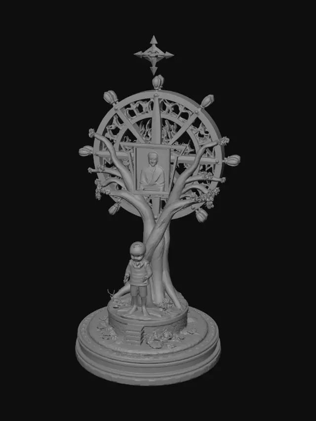 3D model for A highly detailed collectible 3D sculpture called "The Lifestyle Compass". At the center stands a compass-shaped tree whose roots hold a glowing restored 1973 group photograph, symbolizing heritage and memory. The trunk is formed from books, notebooks, and interconnected pathways representing lifestyle design, entrepreneurship, and meaningful work. One branch supports a young figure carrying a resume and stepping through a doorway, symbolizing a new career beginning. Around the base are a vegetable garden, watering can, greenhouse, milk bottle, lettuce wraps, and simple meals expressing humble daily living. Floating musical notes and vintage MP3 icons circle the canopy, representing cherished memories and timeless music. Small digital map markers connect distant places and cultures. Near t
