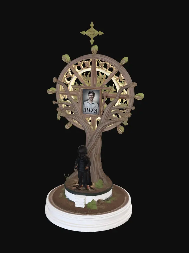 3D model for A highly detailed collectible 3D sculpture called "The Lifestyle Compass". At the center stands a compass-shaped tree whose roots hold a glowing restored 1973 group photograph, symbolizing heritage and memory. The trunk is formed from books, notebooks, and interconnected pathways representing lifestyle design, entrepreneurship, and meaningful work. One branch supports a young figure carrying a resume and stepping through a doorway, symbolizing a new career beginning. Around the base are a vegetable garden, watering can, greenhouse, milk bottle, lettuce wraps, and simple meals expressing humble daily living. Floating musical notes and vintage MP3 icons circle the canopy, representing cherished memories and timeless music. Small digital map markers connect distant places and cultures. Near t