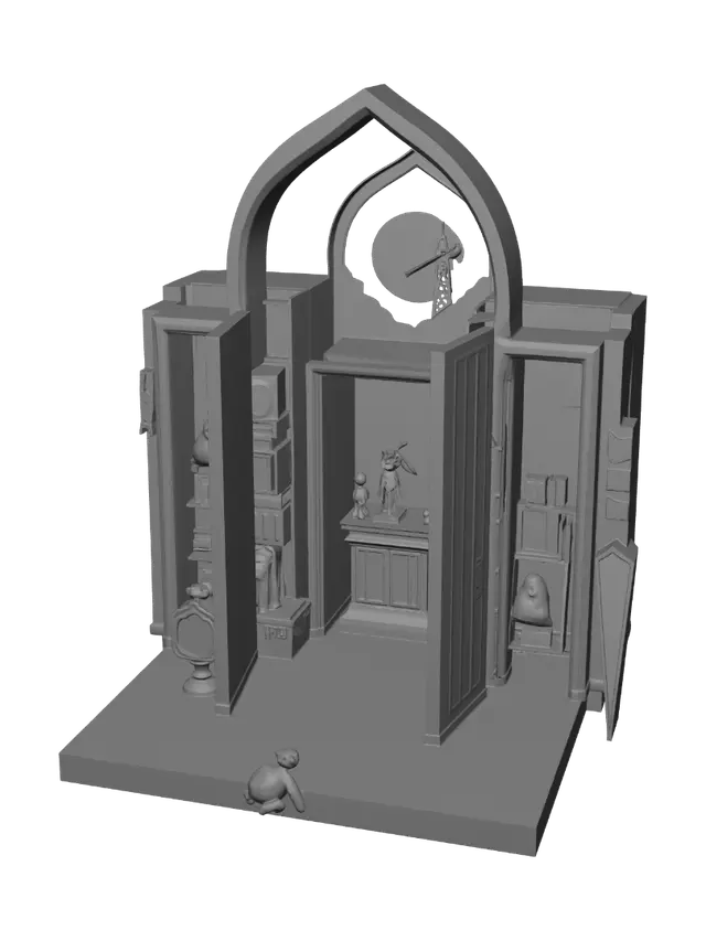 3D model for A highly detailed 3D collectible sculpture called "Awakening Between Dreams". At the center floats a layered dream-like chamber inspired by lucid dreaming, with nested doorways and shifting geometric platforms. A glowing vintage black-and-white photograph hovers inside, symbolizing restored family memories. Around it orbit profile cards, museum artifacts, and map markers from distant Greenland shores. Small figures bring gifts and food home, representing family connections across generations. Below, a memorial lawn, a calm toad, and scattered snacks capture ordinary life. Above, a dramatic two-tone sunset blends into the silhouette of a giant construction crane, symbolizing reflection, renewal, and unfinished possibilities. Photorealistic textures, cinematic lighting, emotional storytellin