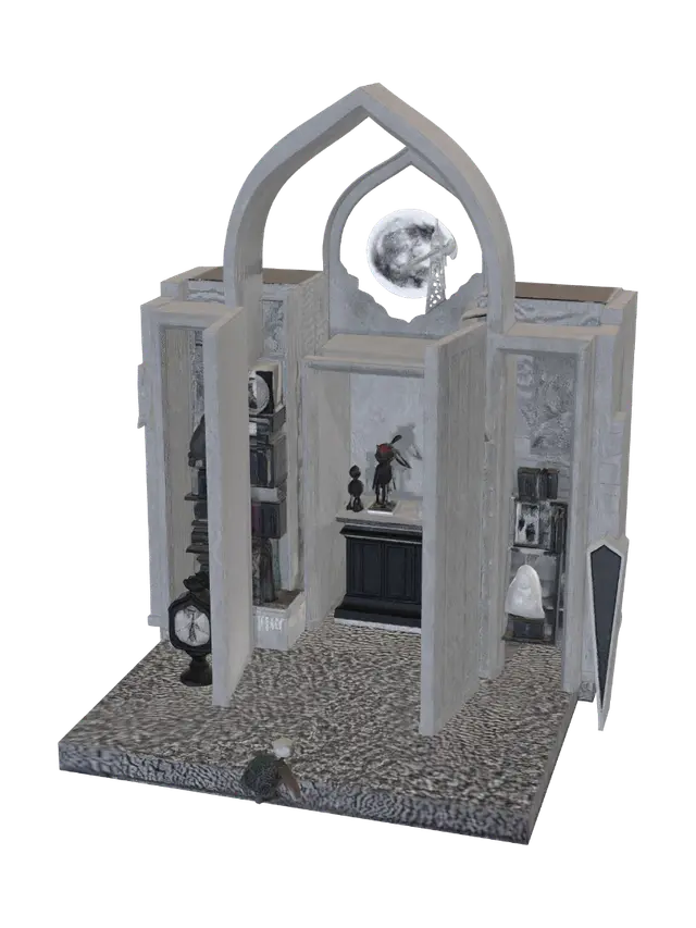 3D model for A highly detailed 3D collectible sculpture called "Awakening Between Dreams". At the center floats a layered dream-like chamber inspired by lucid dreaming, with nested doorways and shifting geometric platforms. A glowing vintage black-and-white photograph hovers inside, symbolizing restored family memories. Around it orbit profile cards, museum artifacts, and map markers from distant Greenland shores. Small figures bring gifts and food home, representing family connections across generations. Below, a memorial lawn, a calm toad, and scattered snacks capture ordinary life. Above, a dramatic two-tone sunset blends into the silhouette of a giant construction crane, symbolizing reflection, renewal, and unfinished possibilities. Photorealistic textures, cinematic lighting, emotional storytellin