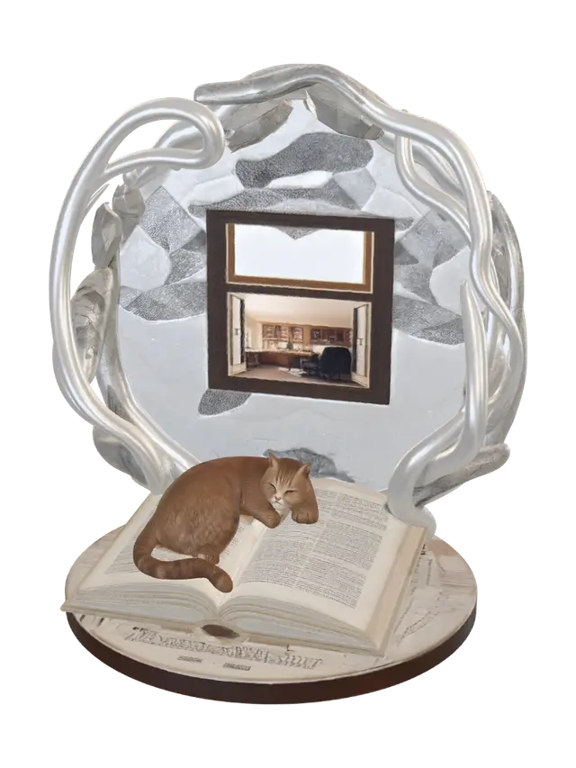 3D model for A highly detailed 3D collectible sculpture called "Quiet Progress". Flowing layered forms support open books, lightweight software panels, and media interfaces, symbolizing practical growth without obsession. A restored vintage office photograph glows inside a faceted crystal, linking memory with the present. Miniature scenes show a family sharing simple meals, a cat peacefully resting after a solved problem, a fitness entrance marking a fresh start, and subtle digital tools evolving through experimentation. Soft evening light, organic flowing geometry, photorealistic textures, emotional storytelling, optimized for Text-to-3D generation.