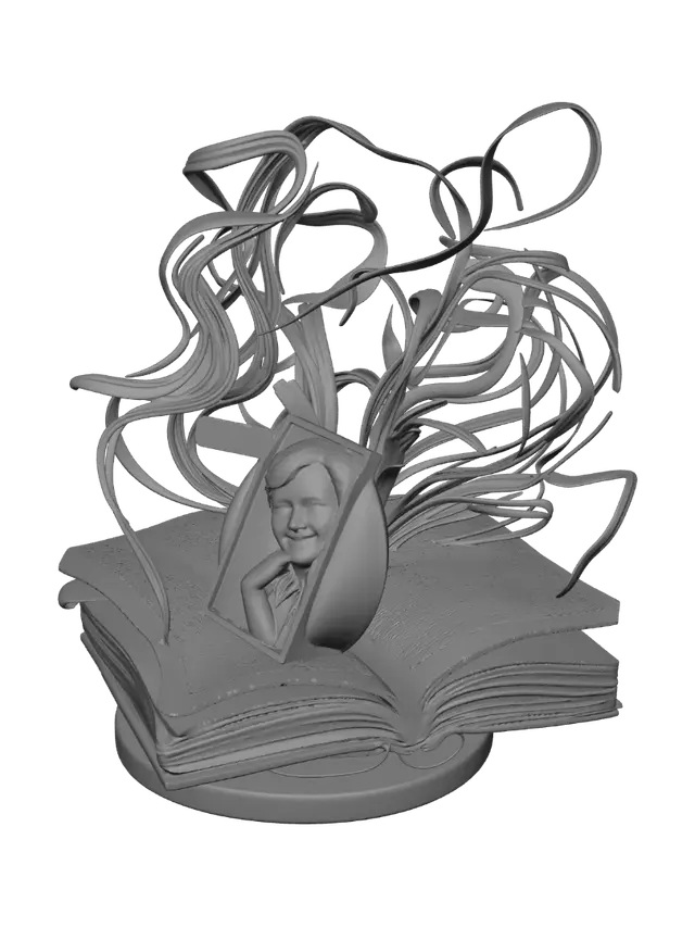 3D model for A highly detailed 3D collectible sculpture called "Threads of Reflection". Flowing ribbon-like layers weave together open books, AI metadata panels, shared documents, and message icons, expressing thought, memory, and communication. A restored vintage family photograph glows inside a faceted crystal. Miniature scenes show a rain-ready garden being carefully closed, playful family chat moments, a late-night walk, and quiet conversations. Soft twilight lighting, organic flowing forms, photorealistic textures, emotional storytelling, optimized for Text-to-3D generation.