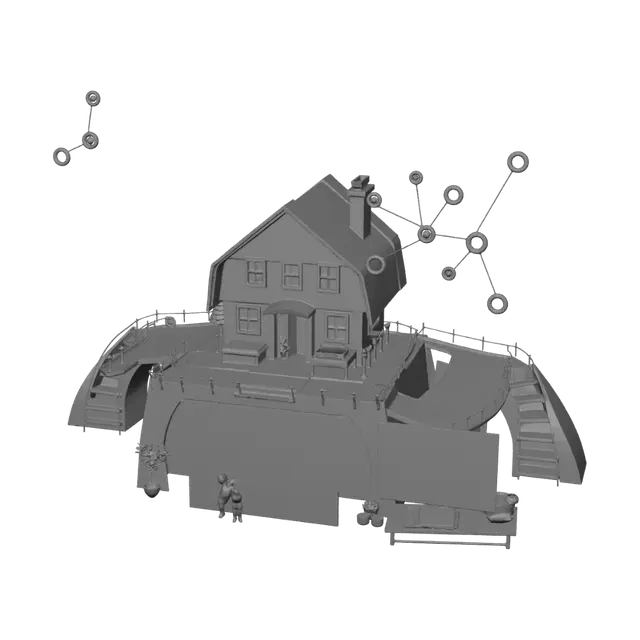 3D model for A highly detailed collectible 3D sculpture called "The House of Connections". At the center stands a cozy family home surrounded by interconnected bridges, message lines, and social network symbols, representing community, communication, and relationships. A restored black-and-white photograph from the early 1970s is displayed in a glowing frame, symbolizing family memory and heritage. Around the home are small scenes: a rainy dawn car ride, three umbrellas walking together, a family lunch table filled with conversation, a daughter cleaning with determination, and a son traveling toward a distant city. Nearby are a workstation with an adjusted monitor and custom keyboard key, symbolizing small improvements that make life easier. Floating map markers point toward distant cultures and virtua