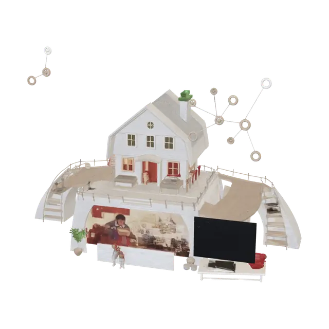 3D model for A highly detailed collectible 3D sculpture called "The House of Connections". At the center stands a cozy family home surrounded by interconnected bridges, message lines, and social network symbols, representing community, communication, and relationships. A restored black-and-white photograph from the early 1970s is displayed in a glowing frame, symbolizing family memory and heritage. Around the home are small scenes: a rainy dawn car ride, three umbrellas walking together, a family lunch table filled with conversation, a daughter cleaning with determination, and a son traveling toward a distant city. Nearby are a workstation with an adjusted monitor and custom keyboard key, symbolizing small improvements that make life easier. Floating map markers point toward distant cultures and virtua