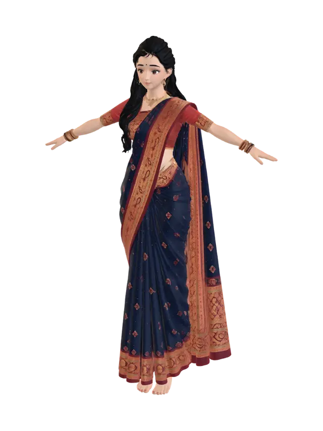 3D model for Indigo Silk Sari with Golden Borders