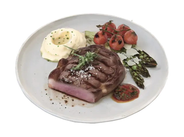 Herb-Crusted Ribeye with Creamy Mash and Roasted Vegetables - Culinary 3D model, vytvořený pomocí AI