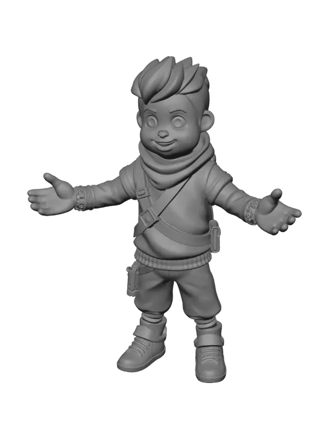 3D model for Create a character for a 3D pixel art game. The character should be non-binary so it can be freely customized later. It should have a blocky appearance, but not overly blocky—more like a low-poly character. Make sure the arms are positioned away from the body in a T-pose so the character can be easily used as a rig for animations.