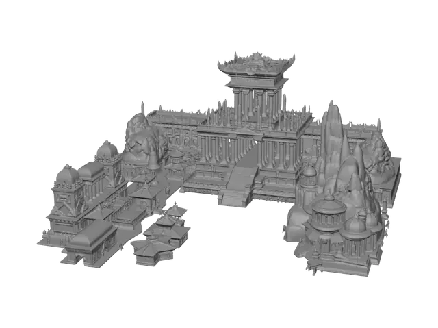 3D model for Ancient alien warrior city from a prehistoric civilization, thousands of years old. A huge fortified city surrounded by massive mountains, cliffs, valleys, caves and alien vegetation. Central area with a giant stone temple on an elevated platform, huge stairs, pillars, statues and a circular warrior arena. Include warrior districts, stone houses, wooden homes, markets, farms, workshops, wells, campfires, watchtowers, defensive walls, gates and dirt roads. Ancient architecture made of stone, wood and clay, rounded buildings, curved walls, primitive geometric decorations and handmade details. Powerful ancient warrior atmosphere, cinematic anime-inspired 3D fantasy sci-fi style, large explorable environment for third-person RPG and aerial combat. Original design, no copyrighted locations or c