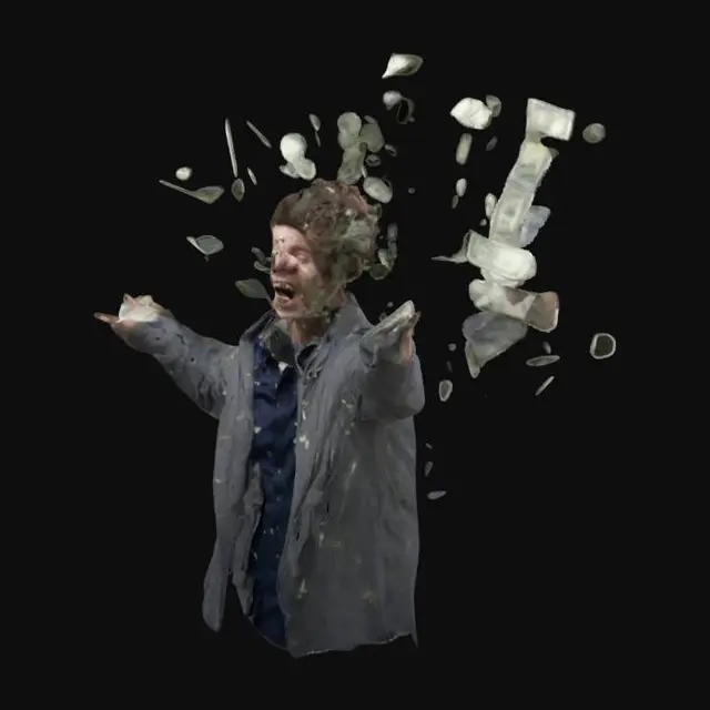 3D model for a man in a state of frenzy, throwing MOENY into the air, his face contorted with HAPPYNESS ,  MONEY swirling chaotically around him, (dynamic motion:1.3), (vivid contrasts:1.2), sharp details on facial expressions and flying papers, dramatic lighting emphasizing chaos,
