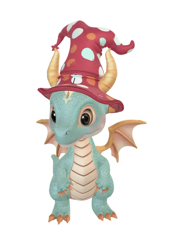 3D model for detailed little cute dragon with funny wizard hat ,