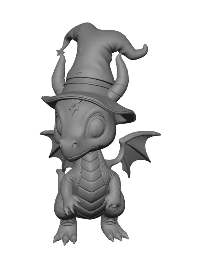 3D model for detailed little cute dragon with funny wizard hat ,