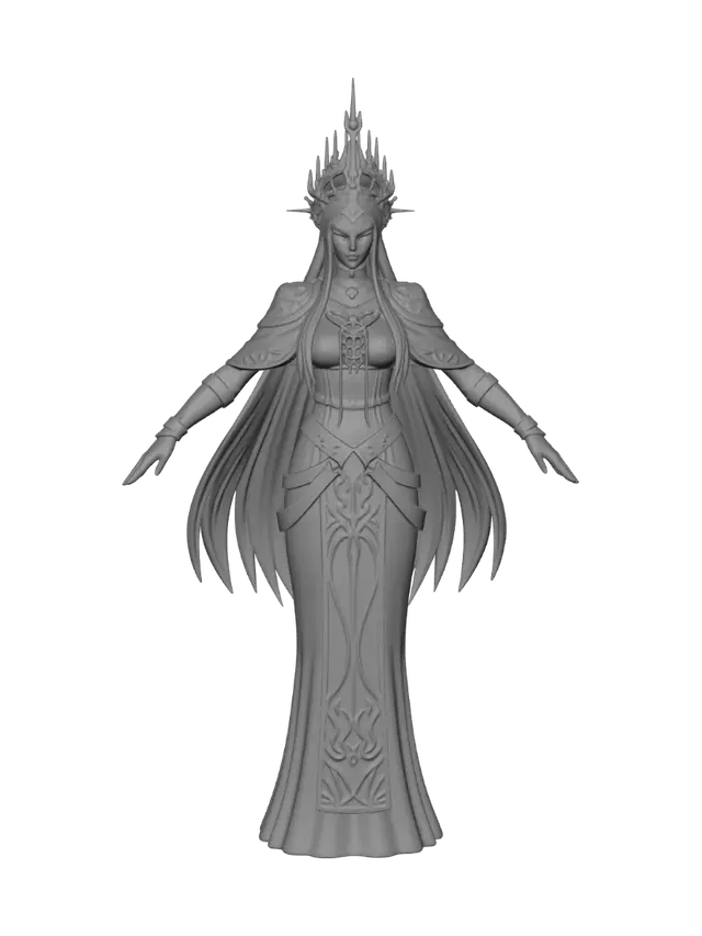 3D model for Reference = who; this text = how.

Full-body 3D game character, relaxed A-pose, arms slightly away from body, palms open, fingers together, facing camera, filling the frame head to toe.

Style: stylized fighting-game character model, Guilty Gear Strive register — never realistic, never a figurine. Bold heavy shapes, strong silhouette, broad shoulders tapering to waist. Hair in bold chunky masses with sharp tips, never fine strands. Anime face: sharp defined eyes, refined nose, angular jaw. Rich materials — leather grain, fabric weave, metal hardware. Strong colour contrast.

Soft even studio lighting, rim light on the silhouette, gentle ambient occlusion. NO ink outlines, NO cel shadow shapes, NO baked shadows. Single clean layers, no dangling straps. Plain light-gray backdrop.
