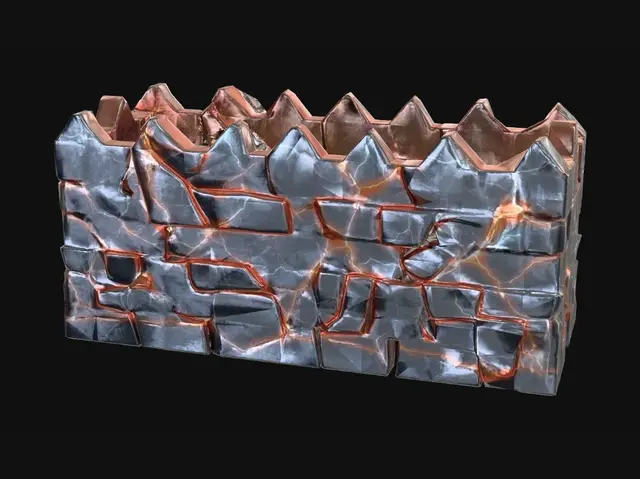 3D model for Stylized defensive wall of three interlocking slabs made of electric plasma, jagged yellow and blue lightning patterns, low poly, 0.5m, flat base, centered origin, Roblox asset.