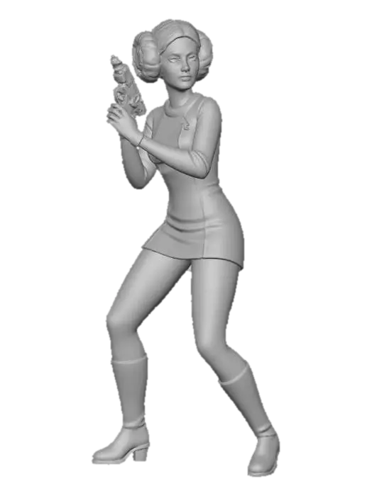 3D model for princess leia wearing a white short classic starfleet dress, star trek phaser, hair cinnamon buns, full body view, TOS, white background, pinup, action stance
