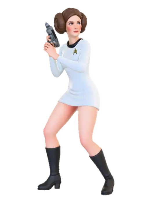 3D model for princess leia wearing a white short classic starfleet dress, star trek phaser, hair cinnamon buns, full body view, TOS, white background, pinup, action stance