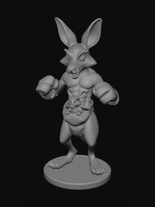 3D model for Low-poly anthropomorphic kangaroo warrior wearing boxing gloves, baby kangaroo in pouch with boxing gloves, solid mesh, manifold geometry for 3D printing, hand-painted texture, standing on a simple circular base.