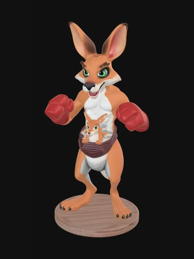 3D model for Low-poly anthropomorphic kangaroo warrior wearing boxing gloves, baby kangaroo in pouch with boxing gloves, solid mesh, manifold geometry for 3D printing, hand-painted texture, standing on a simple circular base.