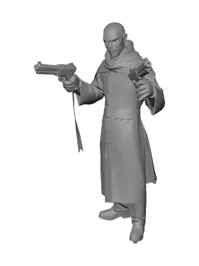 3D model for Cinematic 3D full-body figure of Lord Voldemort, featuring the exact likeness, pale snakelike face, slit nose, and sharp facial structure of Ralph Fiennes from the Harry Potter films. He is dual-wielding two massive, highly detailed Desert Eagle pistols. Ultra-high-detail STL file format, optimized for 3D printing, flawless 4K resolution digital sculpture. Voldemort wears his signature flowing, tattered dark wizard robes, billowing dramatically in the wind. His expression is menacing and cold. He holds a crisp, mechanically precise Desert Eagle .50 AE pistol in each hand, extended outward in an aggressive, heavy-recoil shooting stance. The guns feature sharp slide lines, detailed iron sights, and exposed barrels. The figure stands firmly on a detailed, cracked stone floor base resembling t