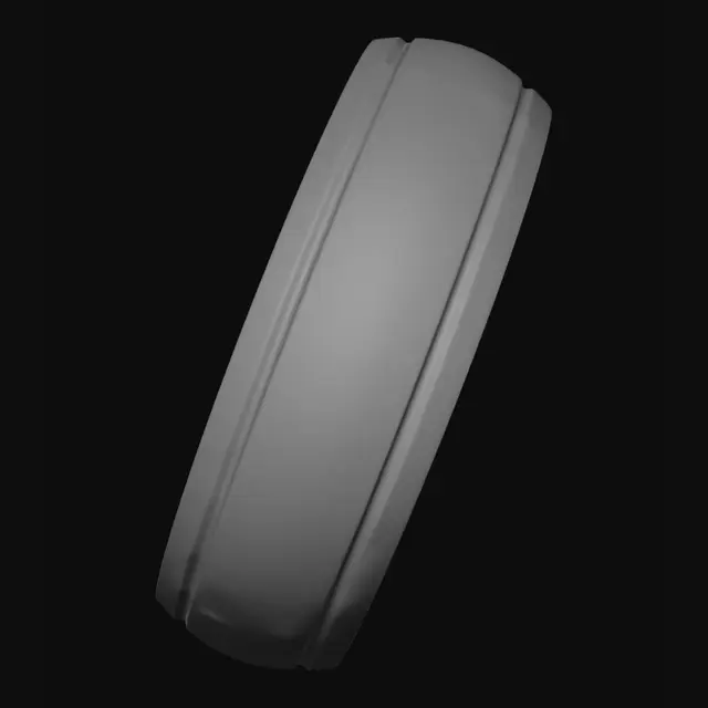 3D model for Minimal premium smart ring, smooth continuous rounded band with a gently domed outer surface, slightly flattened inner band, three tiny subtle recessed sensor dots on the inner surface, one hairline-thin engraved groove running around the outer circumference near one edge, brushed titanium metal, soft satin finish, no gemstones, no engravings, no logos, no text, no stones, seamless unibody construction, product-design quality, studio clean topology, photorealistic PBR materials.