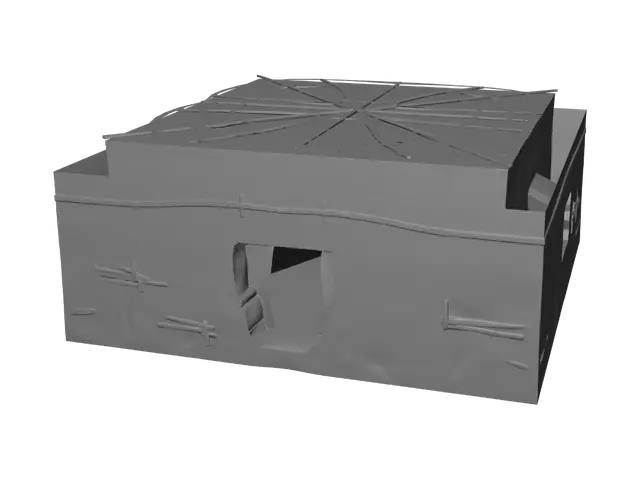 3D model for Large Afghan mud hut for insurgent compound, 2009 era, thick dirt walls, thatched or mud roof, small windows, battle damaged, interior room space, game-ready low poly modular mesh for Unreal Engine 5.8, PBR textures, good for dust particle effects inside.