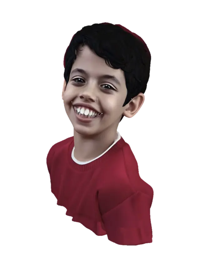 Smiling Boy in Red - Frontview 3D model, vytvořený pomocí AI