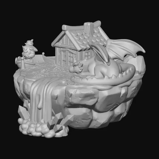 3D model for Stylized floating island diorama for 3D printing, single solid mesh. Thick rocky base with carved details, no real floating gaps. Top surface simplified with low-relief grass merged to base. Small Nordic cabin with thick walls, enlarged doors/windows, simplified roof tiles, all fused. Dragon in compact resting pose, wings folded, no thin membranes, minimum 2–3 mm thickness, smooth stylized scales. Viking figure simplified, solid pose, beard/helmet merged, no separate props. Boat attached to ground, shields embossed, no ropes. Waterfall as solid sculpted flow, fully connected. Crystals chunky and fused. No overhangs >45°, watertight, manifold, print-ready.