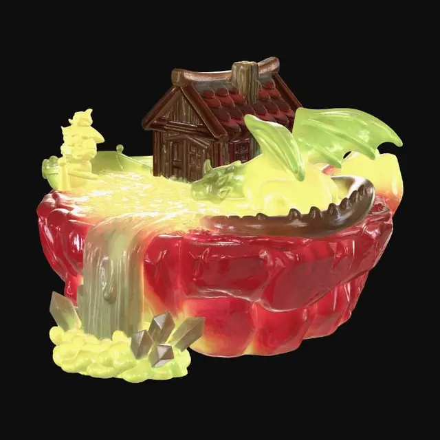 3D model for Stylized floating island diorama for 3D printing, single solid mesh. Thick rocky base with carved details, no real floating gaps. Top surface simplified with low-relief grass merged to base. Small Nordic cabin with thick walls, enlarged doors/windows, simplified roof tiles, all fused. Dragon in compact resting pose, wings folded, no thin membranes, minimum 2–3 mm thickness, smooth stylized scales. Viking figure simplified, solid pose, beard/helmet merged, no separate props. Boat attached to ground, shields embossed, no ropes. Waterfall as solid sculpted flow, fully connected. Crystals chunky and fused. No overhangs >45°, watertight, manifold, print-ready.