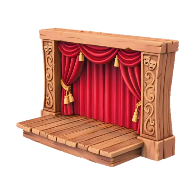Eine Theaterbühne aus Holz mit rotem vorhang. Stilisiert und Comichaft - Theatre 3D model, vytvořený pomocí AI