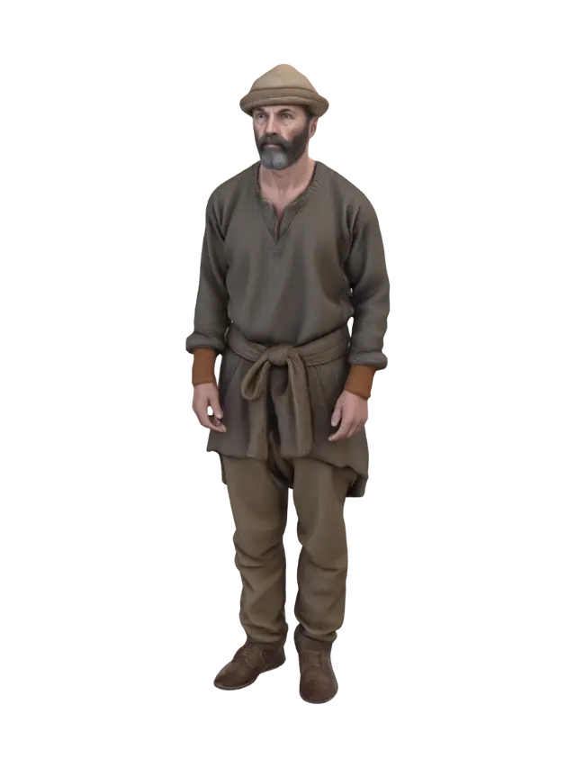 3D model for Foto realistyczny model wieśniaka w podartej tunice, ubłoconych prostych spodniach i w wełnianej czapce na głowie. całość wzorowana na wczesnym średniowieczu.