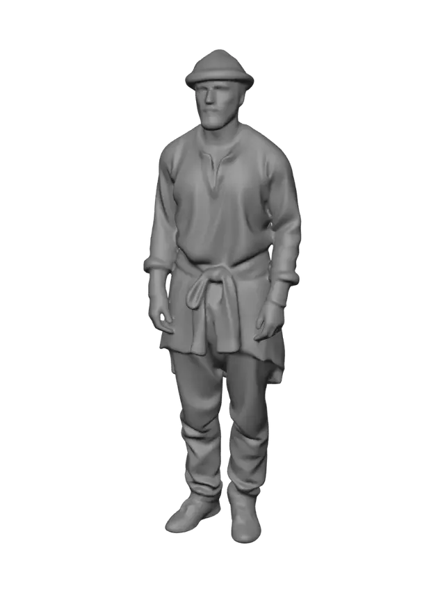 3D model for Foto realistyczny model wieśniaka w podartej tunice, ubłoconych prostych spodniach i w wełnianej czapce na głowie. całość wzorowana na wczesnym średniowieczu.