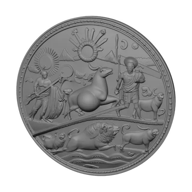 3D model for Create Achilles’ Shield from Homer’s Iliad, Book 18, as a thin, shallow-convex ancient Greek round shield with a strong raised rim and subtle central boss. Use low-bas-relief carved closely into the surface, never deep relief or freestanding sculpture. Include simplified bold scenes: central sun, moon, stars, mountains and sea; a peaceful couple with musician; three advancing warriors and one fallen soldier; a plowman with two oxen, wheat and grapevine; two lions attacking a bull; and large Oceanus waves around the rim. Use broad monumental forms, clean silhouettes, minimal texture, few undercuts, and thick FDM-safe details. Must read as a shield, not a plaque, coin, or diorama.