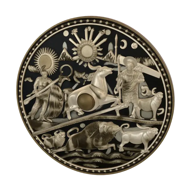 3D model for Create Achilles’ Shield from Homer’s Iliad, Book 18, as a thin, shallow-convex ancient Greek round shield with a strong raised rim and subtle central boss. Use low-bas-relief carved closely into the surface, never deep relief or freestanding sculpture. Include simplified bold scenes: central sun, moon, stars, mountains and sea; a peaceful couple with musician; three advancing warriors and one fallen soldier; a plowman with two oxen, wheat and grapevine; two lions attacking a bull; and large Oceanus waves around the rim. Use broad monumental forms, clean silhouettes, minimal texture, few undercuts, and thick FDM-safe details. Must read as a shield, not a plaque, coin, or diorama.
