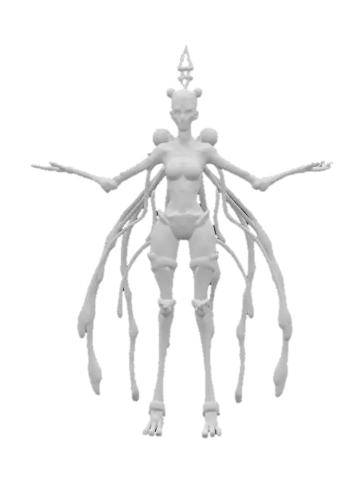 3D model for Create a detailed, alien NPC in a T-pose for an FPS game, inspired by H. R. Giger, 90's sci-fi movies, comic books, and action figures. Include intricate textures, vivid colors, and unique anatomical features.