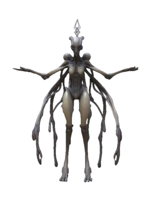 3D model for Create a detailed, alien NPC in a T-pose for an FPS game, inspired by H. R. Giger, 90's sci-fi movies, comic books, and action figures. Include intricate textures, vivid colors, and unique anatomical features.