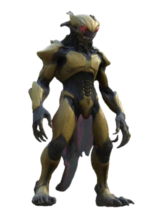 3D model for Create a detailed, badass alien enemy NPC in a T-pose for an FPS game, inspired by Star Trek, Metal Gear, Halo, Metroid Prime, Star Wars, comic books and manga. Include intricate textures, vivid colors, and unique design features.