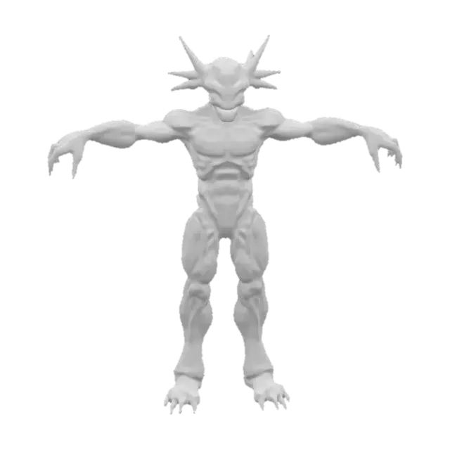 3D model for Create a detailed, badass alien enemy NPC in a T-pose for an FPS game, inspired by Star Trek, Metal Gear, Halo, Metroid Prime, Star Wars, comic books and manga. Include intricate textures, vivid colors, and unique design features.