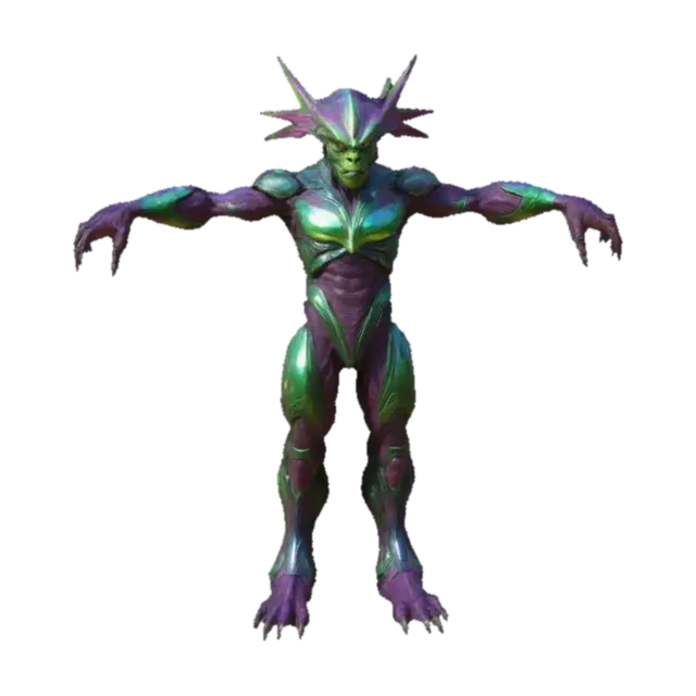 3D model for Create a detailed, badass alien enemy NPC in a T-pose for an FPS game, inspired by Star Trek, Metal Gear, Halo, Metroid Prime, Star Wars, comic books and manga. Include intricate textures, vivid colors, and unique design features.