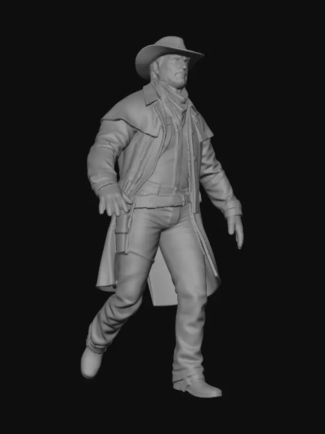 3D model for Full-body Wild West cowboy character, rugged and masculine, standing in a confident gunslinger pose. Weathered face with strong jawline, light stubble beard, sun-aged skin, piercing blue eyes. Wide-brim brown leather cowboy hat with worn edges, red bandana around neck, tan duster coat, faded denim shirt, leather gun belt with polished revolver holster, dark leather gloves, worn blue jeans, heavy cowboy boots with metal spurs.

Authentic American frontier aesthetic, realistic clothing folds, stitched leather details, brass belt buckles, dust-covered textures, weathered materials, visible wear and tear from years on the trail. Muscular but lean build, heroic proportions, realistic anatomy.