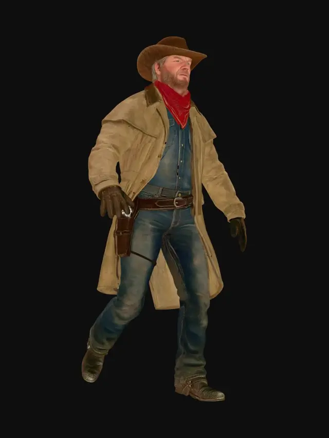 3D model for Full-body Wild West cowboy character, rugged and masculine, standing in a confident gunslinger pose. Weathered face with strong jawline, light stubble beard, sun-aged skin, piercing blue eyes. Wide-brim brown leather cowboy hat with worn edges, red bandana around neck, tan duster coat, faded denim shirt, leather gun belt with polished revolver holster, dark leather gloves, worn blue jeans, heavy cowboy boots with metal spurs.

Authentic American frontier aesthetic, realistic clothing folds, stitched leather details, brass belt buckles, dust-covered textures, weathered materials, visible wear and tear from years on the trail. Muscular but lean build, heroic proportions, realistic anatomy.