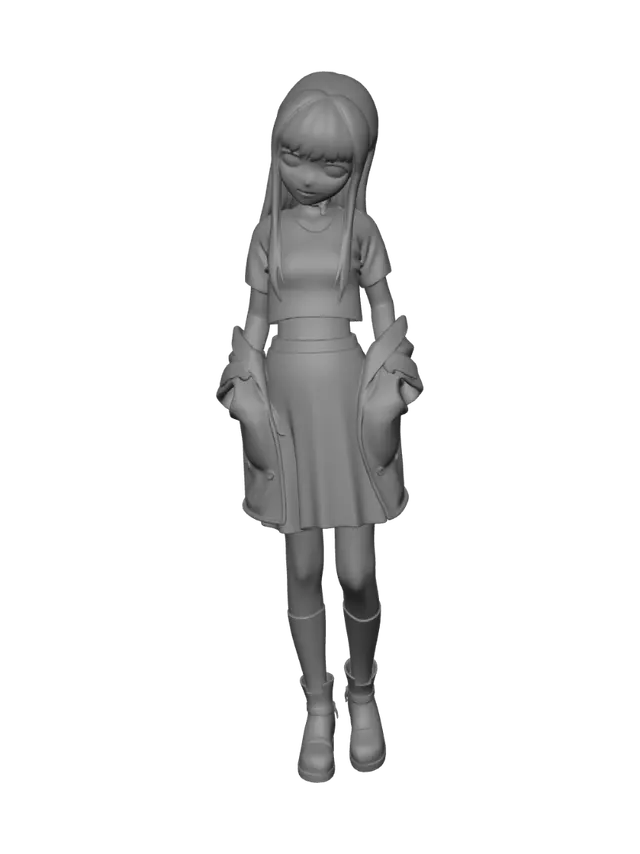 3D model for create a realistic girl with realistic body features, black hair and cute. shes wearing and short black skirt, black crop top with a red jacket and white knee socks with short black boots